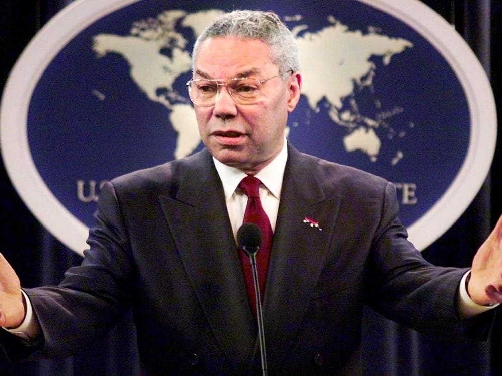 In this May 21, 2001, file photo, Secretary of State Colin Powell talks with reporters during a news conference at the Department of State in Washington. Powell, former Joint Chiefs chairman and secretary of state, has died from COVID-19 complications.