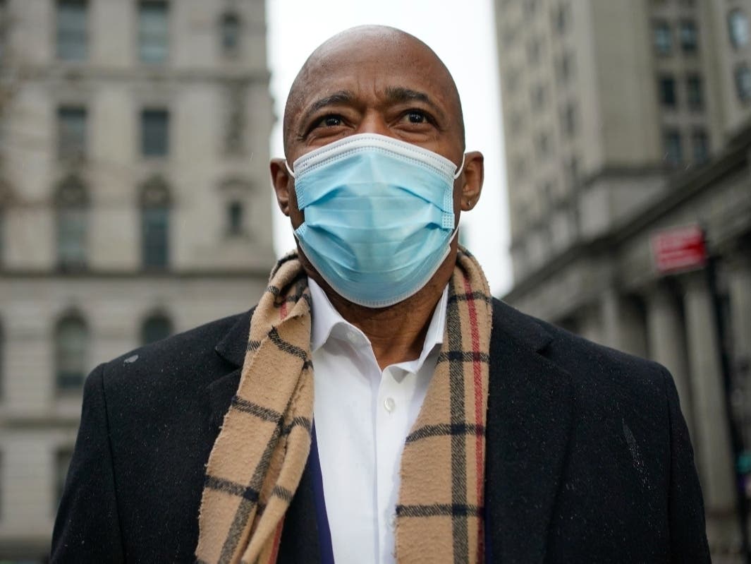 Mayor Eric Adams arrives to City Hall on his first day in office Jan. 1.