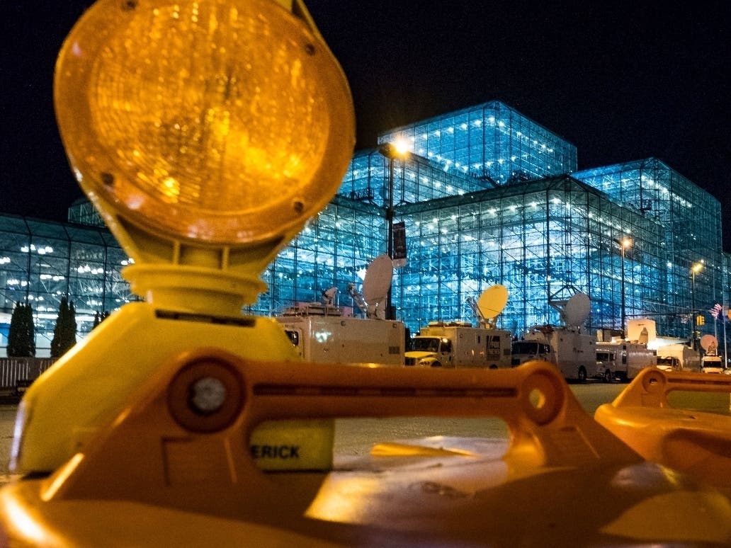 Lights illuminate the interior of the Jacob K. Javits Convention Center on Nov. 6, 2016.