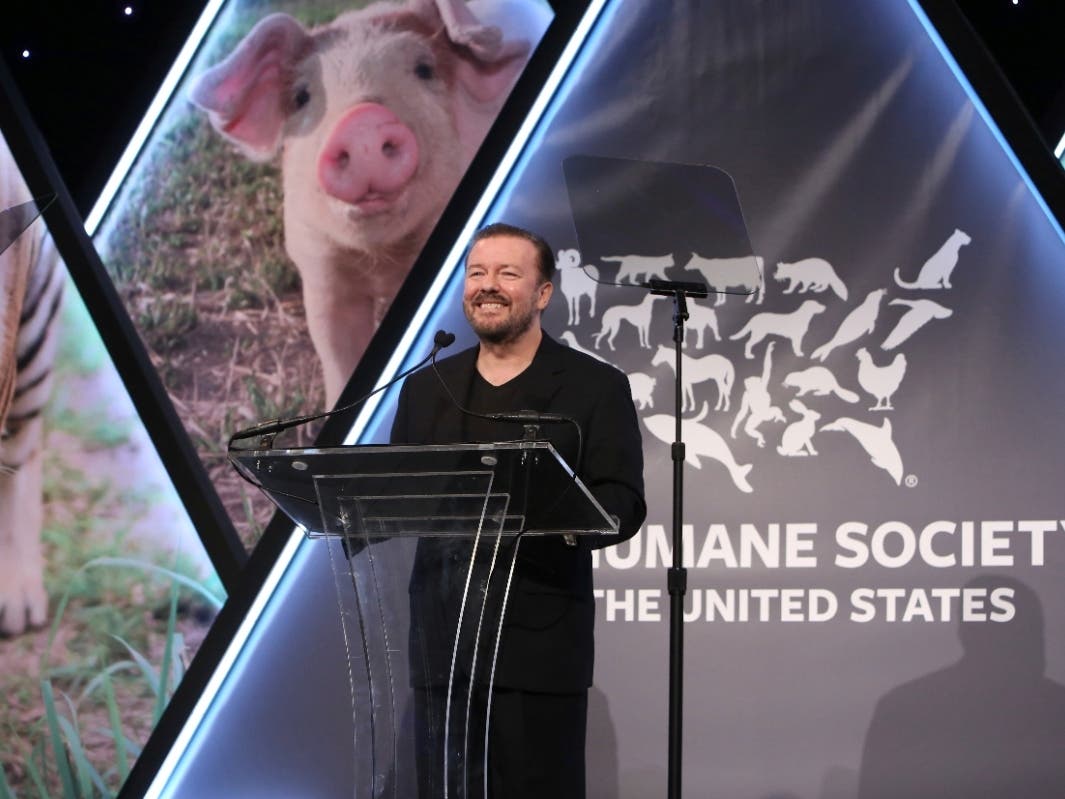Ricky Gervais speaks at The Humane Society of the United States To the Rescue! New York Gala in 2018.