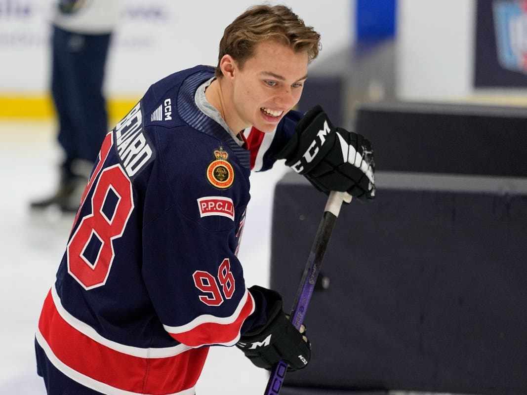 NHL draft prospect Connor Bedard skates across the ice during a youth hockey clinic with other draft prospects and members of the NHL Player Inclusion Coalition on Tuesday in Nashville, Tennessee.