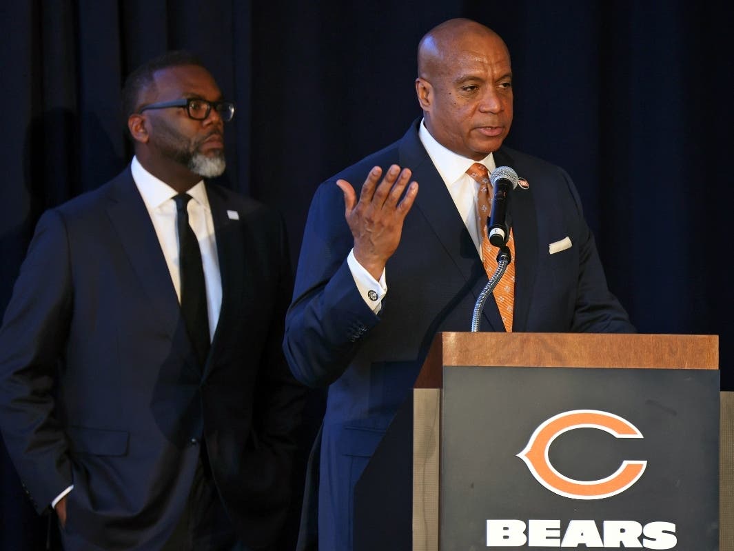 Chicago Bears president Kevin Warren, joined by Chicago Mayor Brandon Johnson, left, speaks during an April 2024 news conference regarding a proposal to build a new stadium for the team near Soldier Field.