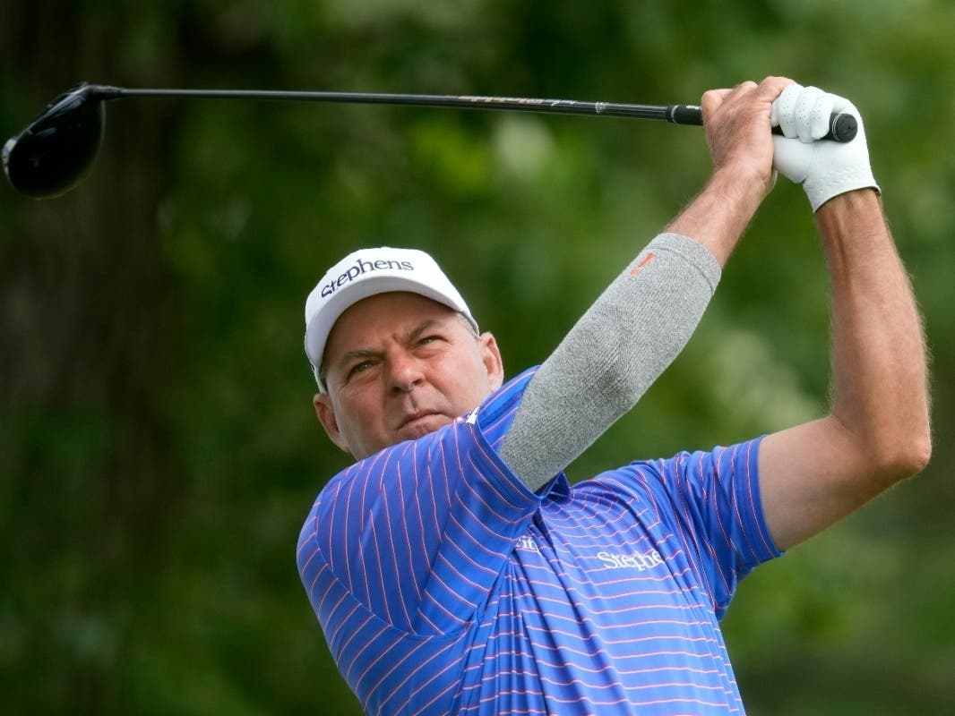 Dicky Pride hits off the third tee during the final round of the Champions Tour Principal Charity Classic golf tournament, Sunday, June 2, 2024, in Des Moines, Iowa. 