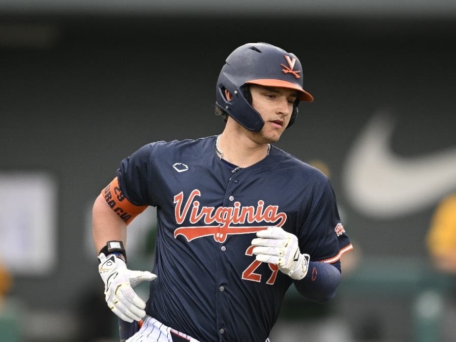 Virginia's AJ Gracia (29) runs during an NCAA college baseball game against North Dakota State, Sunday, Feb. 22, 2026, in DeLand, Fla.