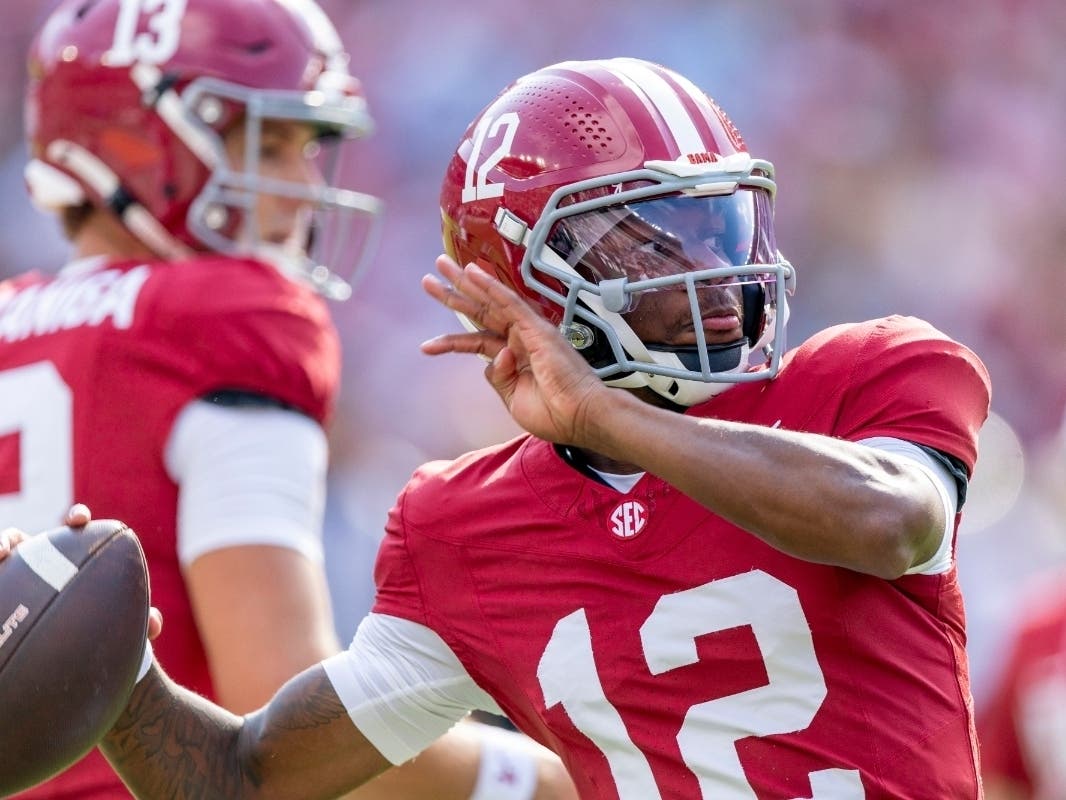 Alabama quarterback Keelon Russell (12) warms up before an NCAA college football game against Florida State, Saturday, Sept. 19, 2026, in Tuscaloosa, Ala.