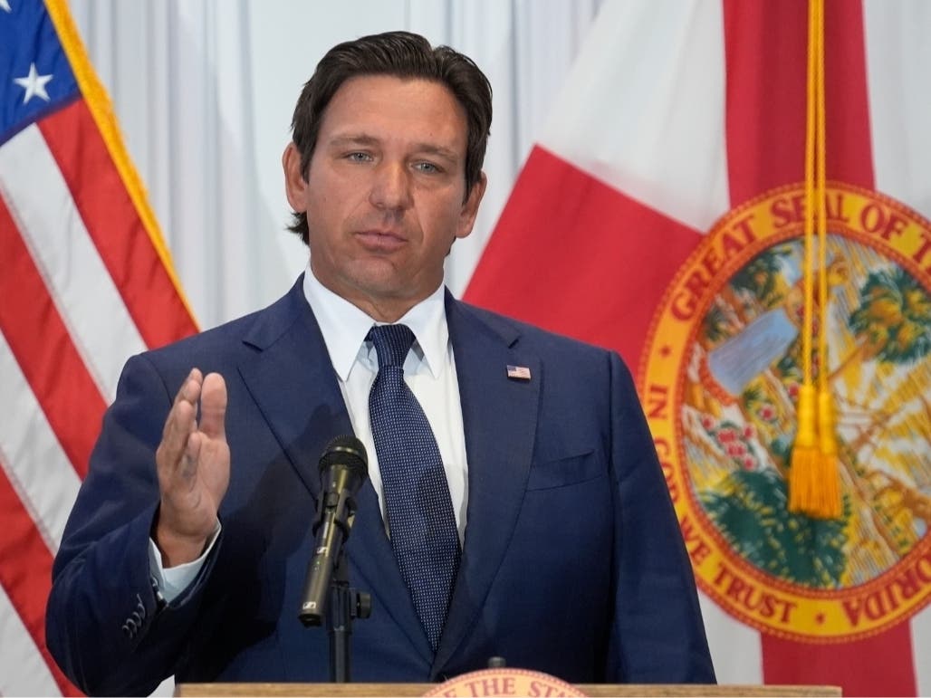 Florida Gov. Ron DeSantis speaks during a news conference, Aug. 12, 2025, in Tampa, Fla.