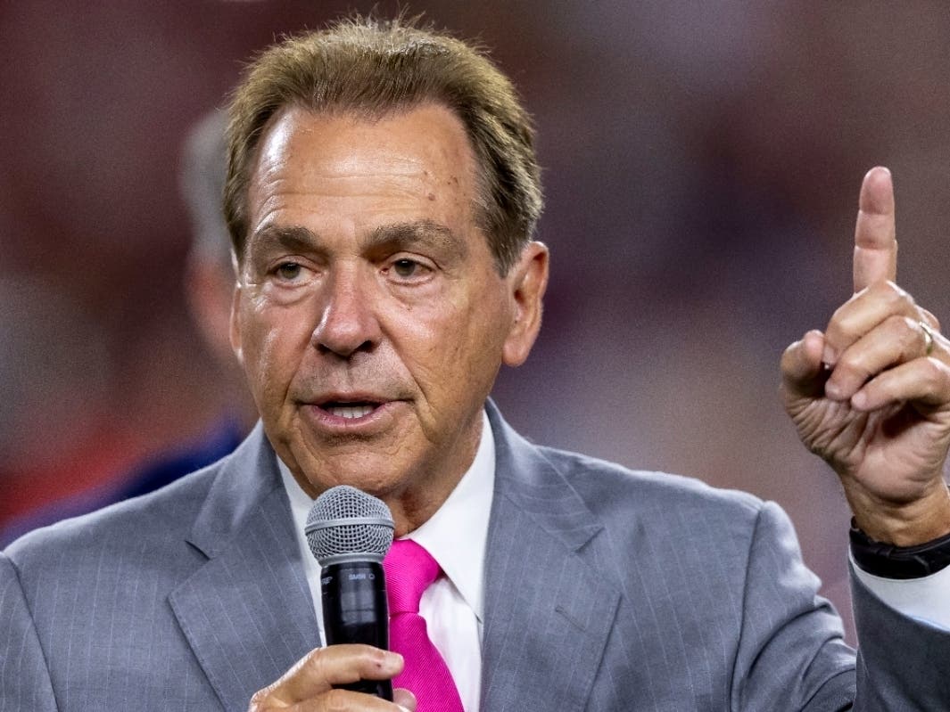 Former Alabama head football coach Nick Saban thanks the crowd during a stadium renaming ceremony at halftime of an NCAA college football game between South Florida and Alabama, Saturday, Sept. 7, 2024, in Tuscaloosa, Ala