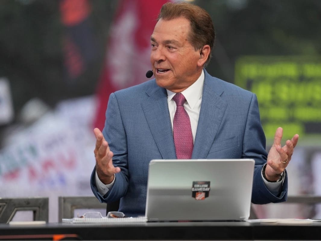ESPN football analyst Nick Saban on the set of ESPN College Gameday on Saturday, Aug. 31, 2024, in College Station, Texas.
