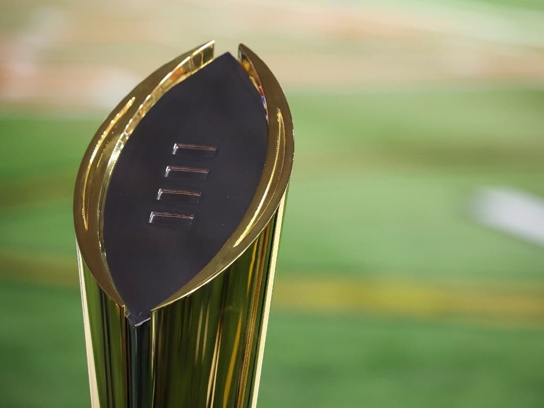 The College Football Playoff National Championship Trophy is shown before the Cotton Bowl College Football Playoff semifinal game between Texas and Ohio State, Friday, Jan. 10, 2025, in Arlington, Texas. 