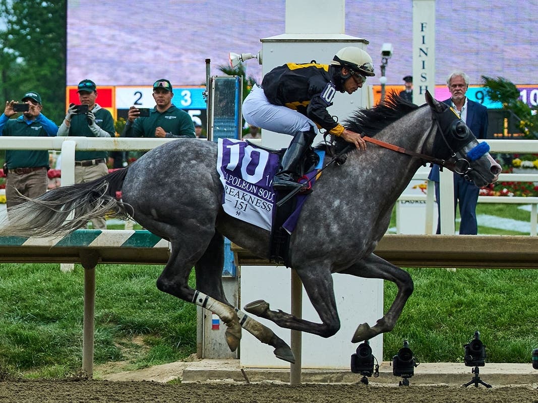 Paco Lopez, atop Napoleon Solo, wins the 151st running of the Preakness Stakes horse race, Friday, May 15, 2026, at Laurel Park in Laurel, Md.