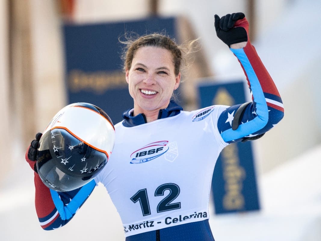 Kelly Curtis of the U.S. reacts after placing second in the Women's Skeleton World Cup in St. Moritz, Switzerland, Friday, Jan. 9, 2026. 