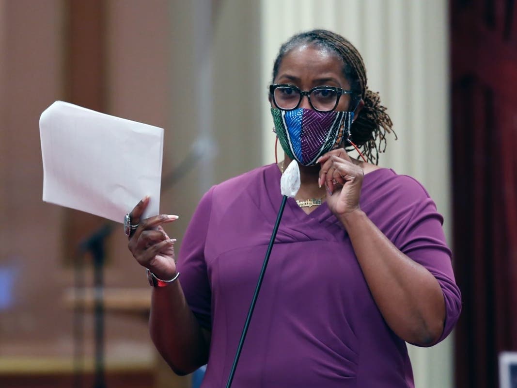 In this June 25, 2020, file photo, State Sen. Holly Mitchell, D-Los Angeles, chair of the Senate Budget and Fiscal Review Committee, discusses one of the more than one dozen budget trailer bills before the Senate at the Capitol in Sacramento, Calif.