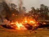A firefighter runs past flames while battling the Glass Fire in a Calistoga, Calif., vineyard Thursday.