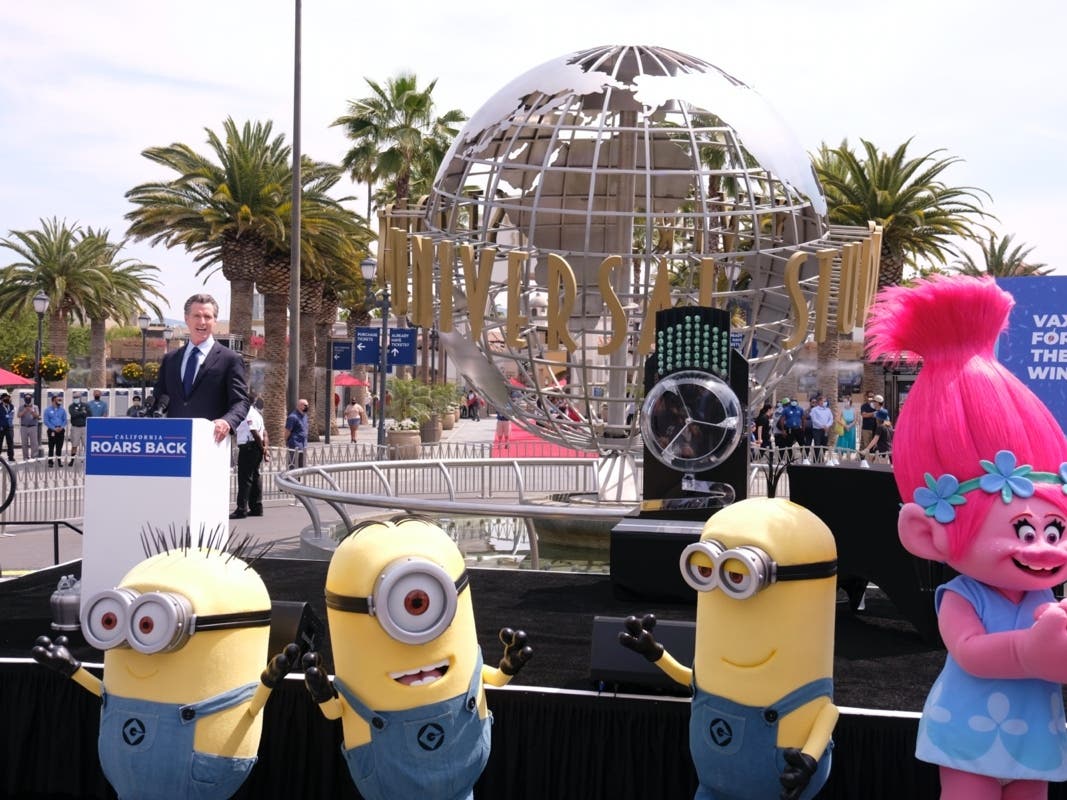 California Governor Gavin Newsom talks during a news conference at Universal Studios in Universal City, Calif. on Tuesday, June 15, 2021.