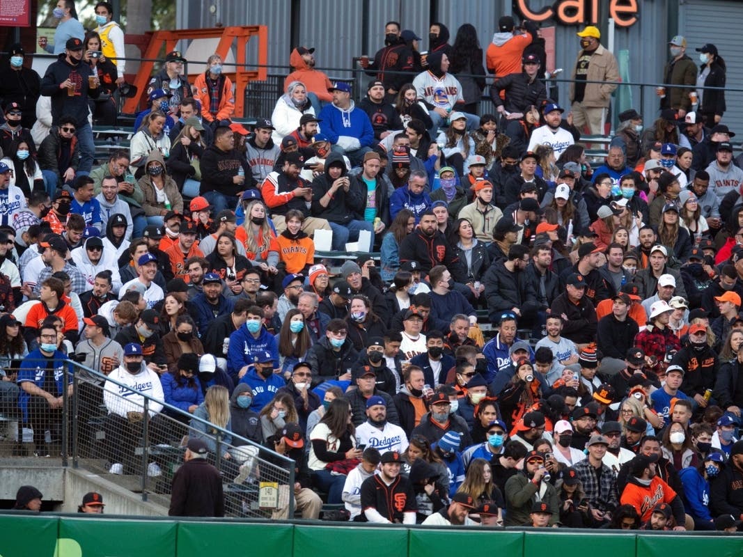 In this May 21, 2021, file photo, fans sit shoulder to shoulder in a vaccinated section of the stands during the fourth inning of a baseball game between the Los Angeles Dodgers and San Francisco Giants in San Francisco. 