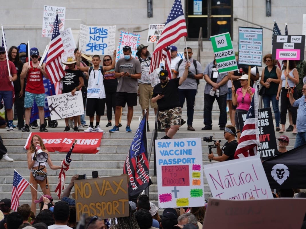 Anti-vaccination protesters holding American flags and signs calling for "medical freedom" rally Saturday outside the City Hall in Los Angeles. 