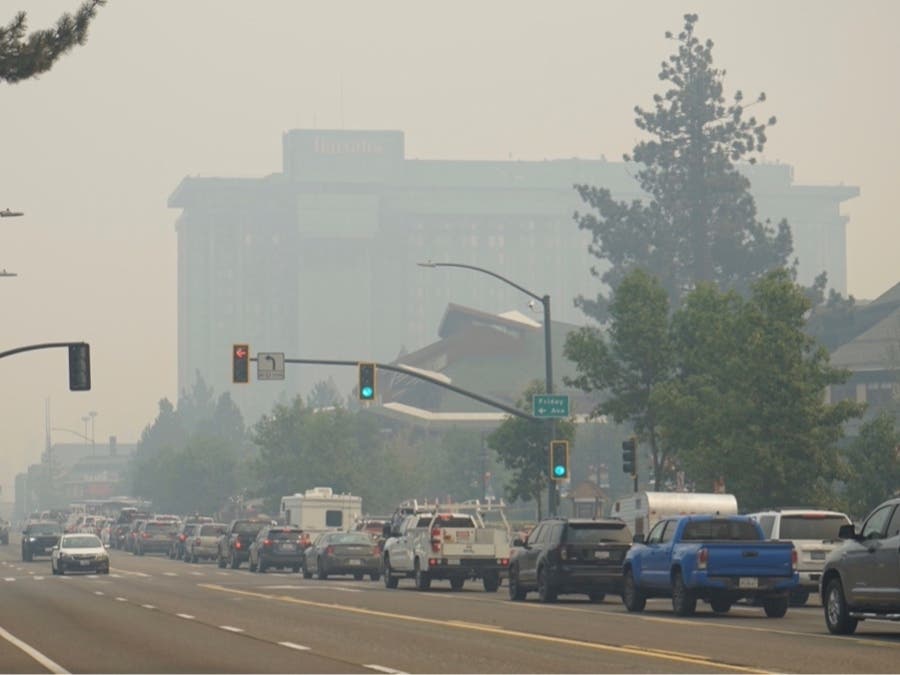 In this Aug. 30, 2021 file photo vehicles idle in bumper-to-bumper traffic in South Lake Tahoe, Calif. 