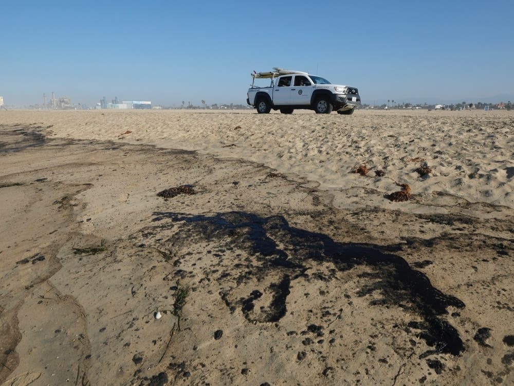 Oil washed up on Huntington Beach, Calif., on Sunday., Oct. 3, 2021. A major oil spill off the coast of Southern California fouled popular beaches and killed wildlife while crews rushed to contain the crude before it spread further into wetlands.