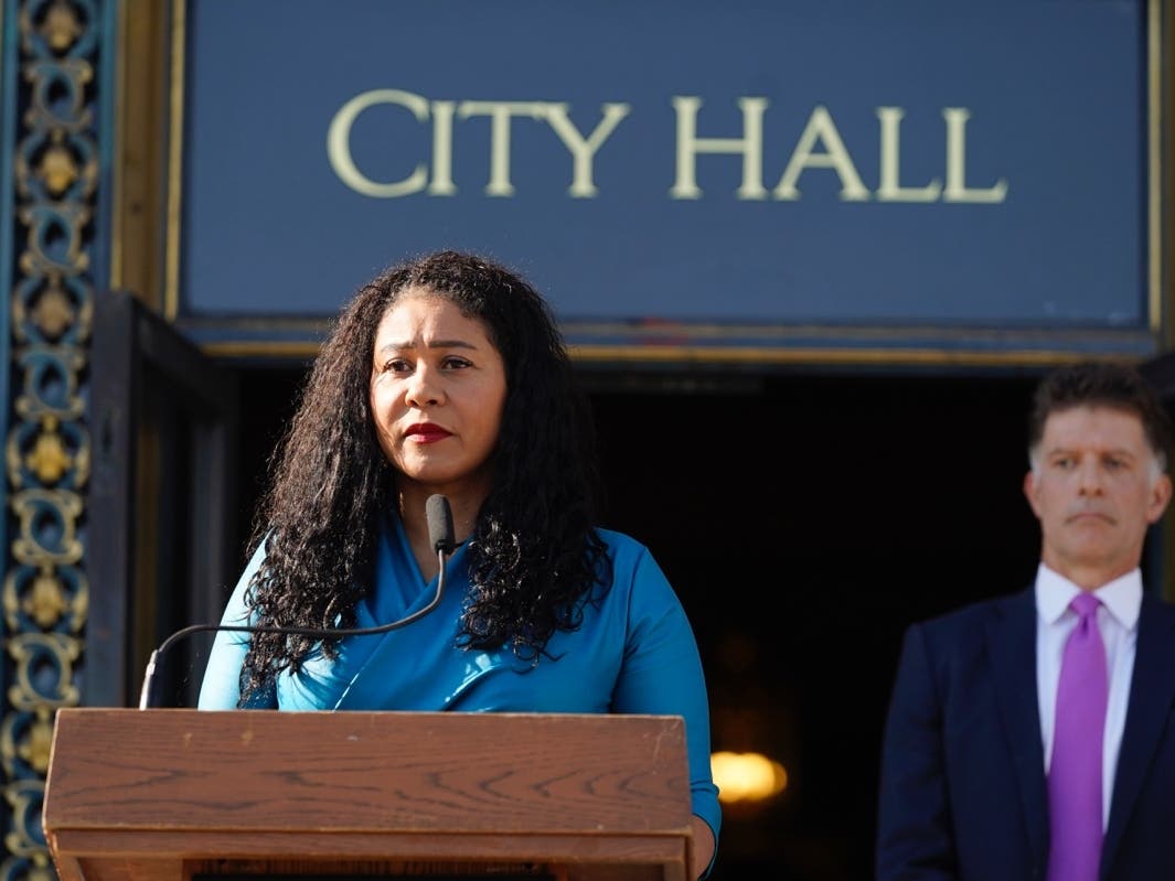 San Francisco Mayor London Breed talks about the first confirmed case of the omicron variant during a COVID-19 briefing outside City Hall in San Francisco, Wednesday.