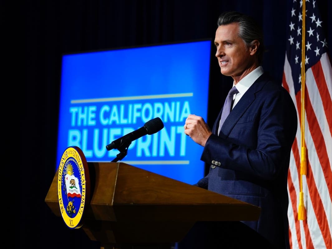 Newsom unveils his proposed 2022-2023 state budget during a news conference in Sacramento, Calif., Monday.