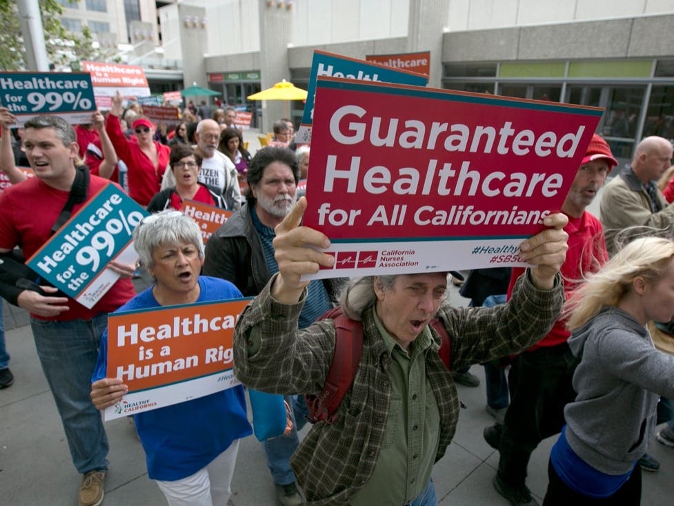 Supporters of single-payer health care march to the California Capitol in 2017.