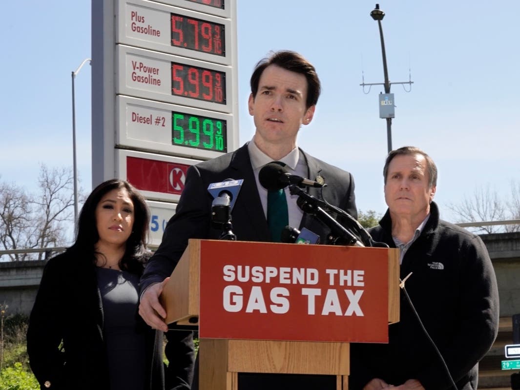 Both houses of the Legislature rejected Kevin Kiley's gas tax holiday measure during legislative sessions Monday. Kiley is flanked by Assemblywoman Suzette Martinez Valladares (R-Santa Clarita) and Senate Republican Leader Scott Wilk. 