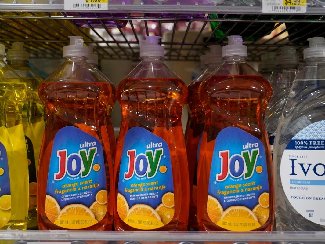 Plastic bottles of dish washing liquid are displayed at Compton's Market in Sacramento, Calif., Friday, June 17, 2022.