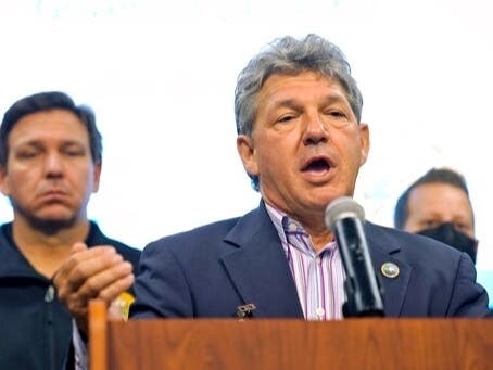 Acting Manatee County Administrator Scott Hopes discusses the wastewater breach in a reservoir at Piney Point, the site of a former phosphate processing plant in Palmetto, during a county news conference.