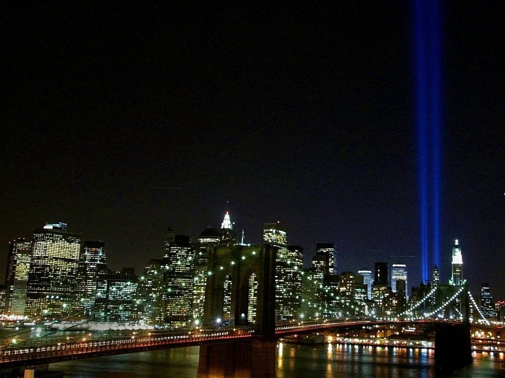 The "Tribute in Light," a tribute to the victims of the World Trade Center terrorist attacks, lights up the sky above lower Manhattan in this view from the Brooklyn borough of New York, Monday, March 11, 2002.