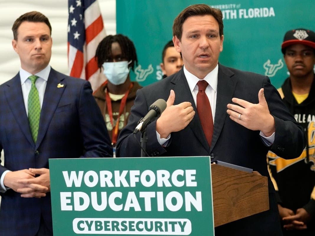 Florida Gov. Ron DeSantis speaks during a news conference after announcing a $20 million dollar program to create cybersecurity opportunities through the Florida Center for Cybersecurity at the University of South Florida on Wednesday in Tampa, Fla.