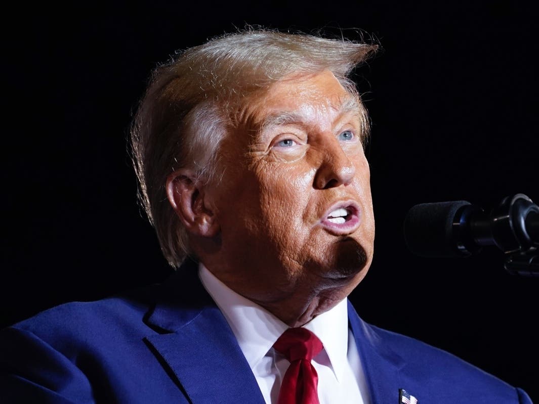 Former President Donald Trump is pictured speaking at a campaign rally in Hialeah, Florida on Nov. 8, 2023.