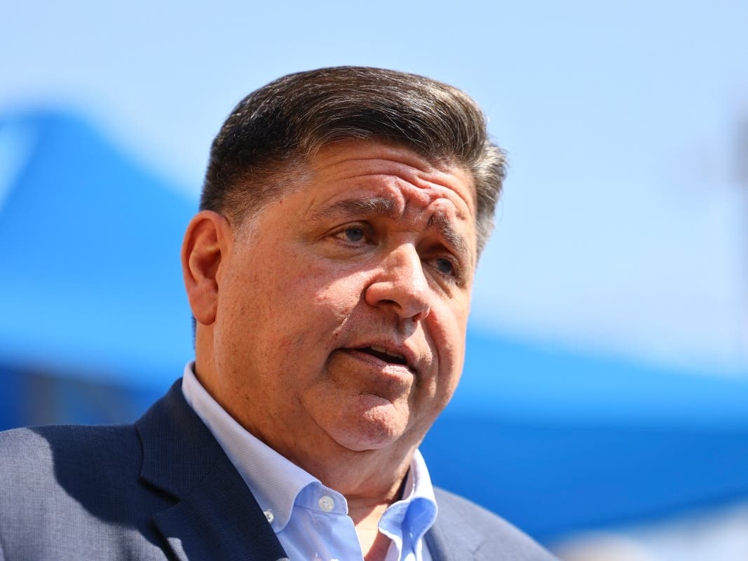 Gov. JB Pritzker speaks with reporters after visiting Prairie Oak Elementary School in Berwyn, Ill., Thursday, Sept. 4, 2025.