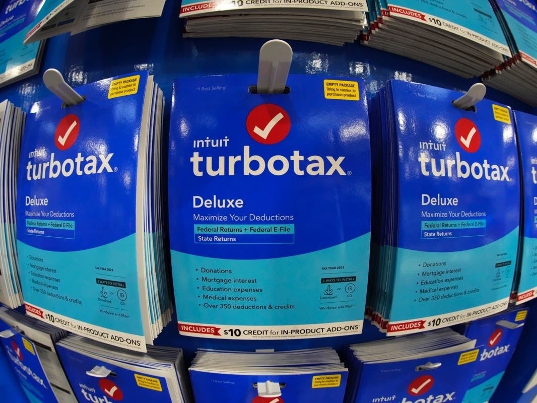 This is a display of TurboTax on display in a Costco Warehouse in Pittsburgh on Thursday, Jan. 26, 2023. In a settlement agreement last year, TurboTax’s owner Intuit Inc. was ordered to pay $141 million to low-income consumers.