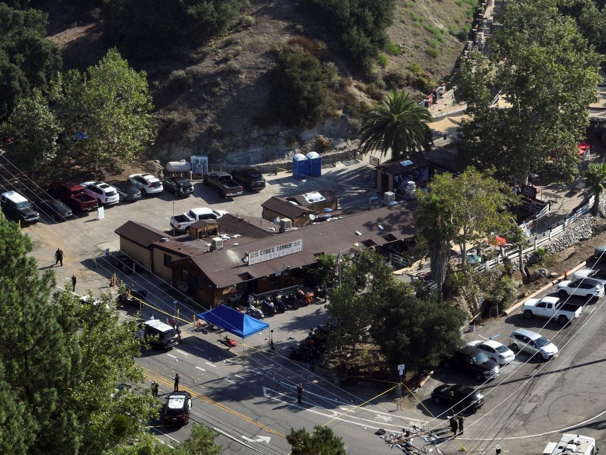 This aerial photo shows Cook's Corner, the scene of a mass shooting, Thursday, Aug. 24, 2023, in Trabuco Canyon, Calif.