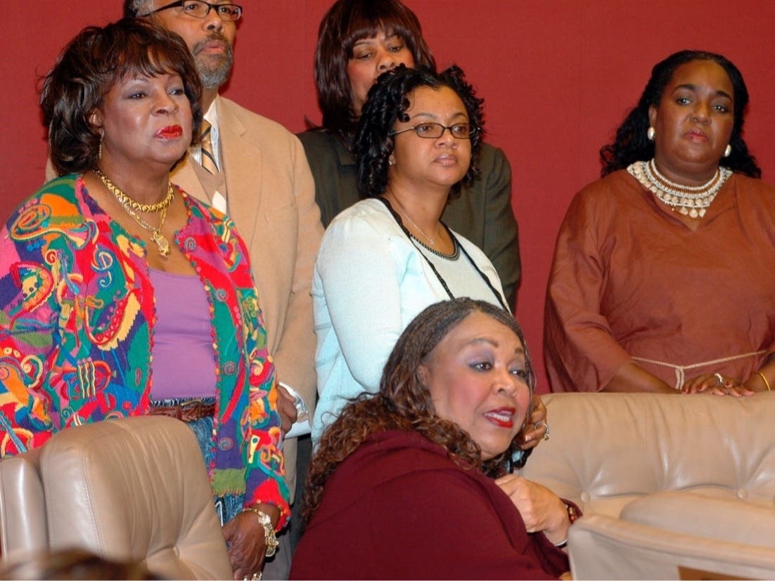 Barbara-Rose Collins, seated, Detroit City Council member, defends her position regarding a "No" vote to transfer the Detroit Zoo management from the city to the Detroit Zoological Society, during a news conference Tuesday, Feb. 21, 2006.
