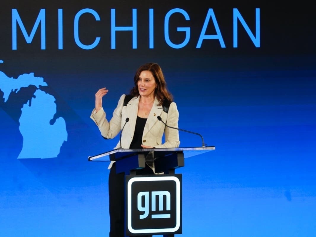 Gov. Gretchen Whitmer, shown speaking at a news conference last month, has a message for Canadian officials: "Reopen traffic on the bridge."