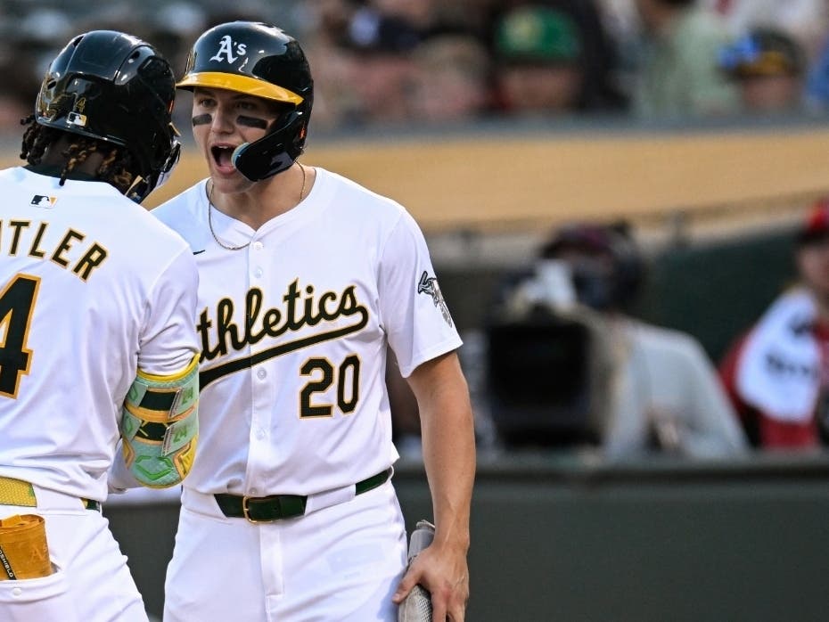 Athletics outfielder Zack Gelof claims he was injured while trying to catch a fly ball in left field in the third inning.