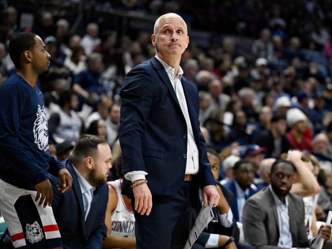 UConn head coach Dan Hurley watches at a game against Georgetown, Saturday, Feb. 14, 2026, in Storrs. A Connecticut author will be in Southington this week to discuss his book about the rise of Hurley at UConn and how he won back-to-back national titles. 