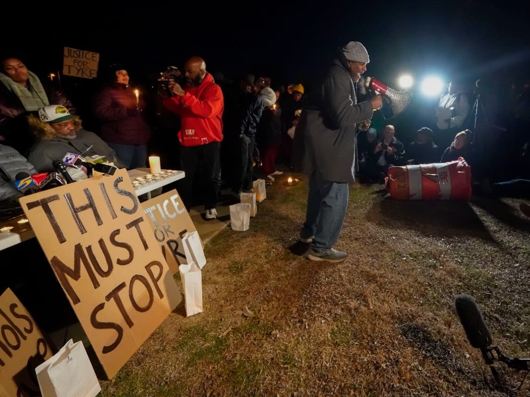 Rev. Andre E Johnson, of the Gifts of Life Ministries, preaches at a candlelight vigil for Tyre Nichols, who died after being beaten by Memphis police officers, in Memphis, Tenn., Thursday, Jan. 26.