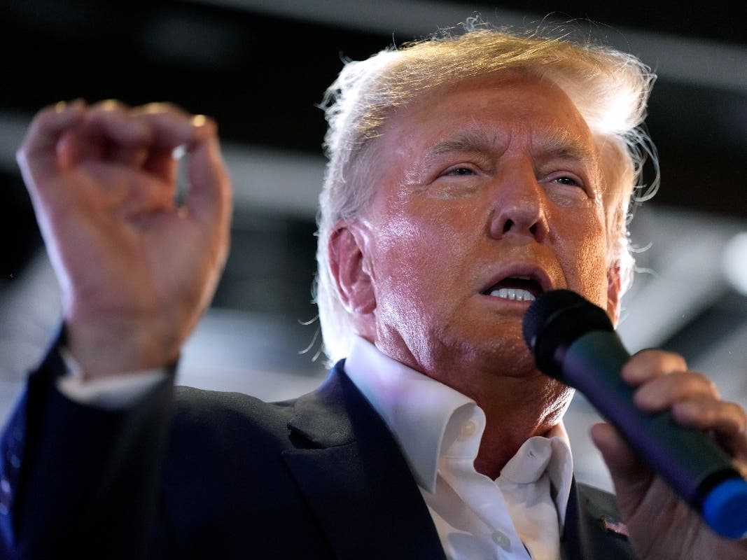 Republican presidential candidate former President Donald Trump speaks to supporters during a visit to the Iowa State Fair, Aug. 12, 2023, in Des Moines, Iowa.