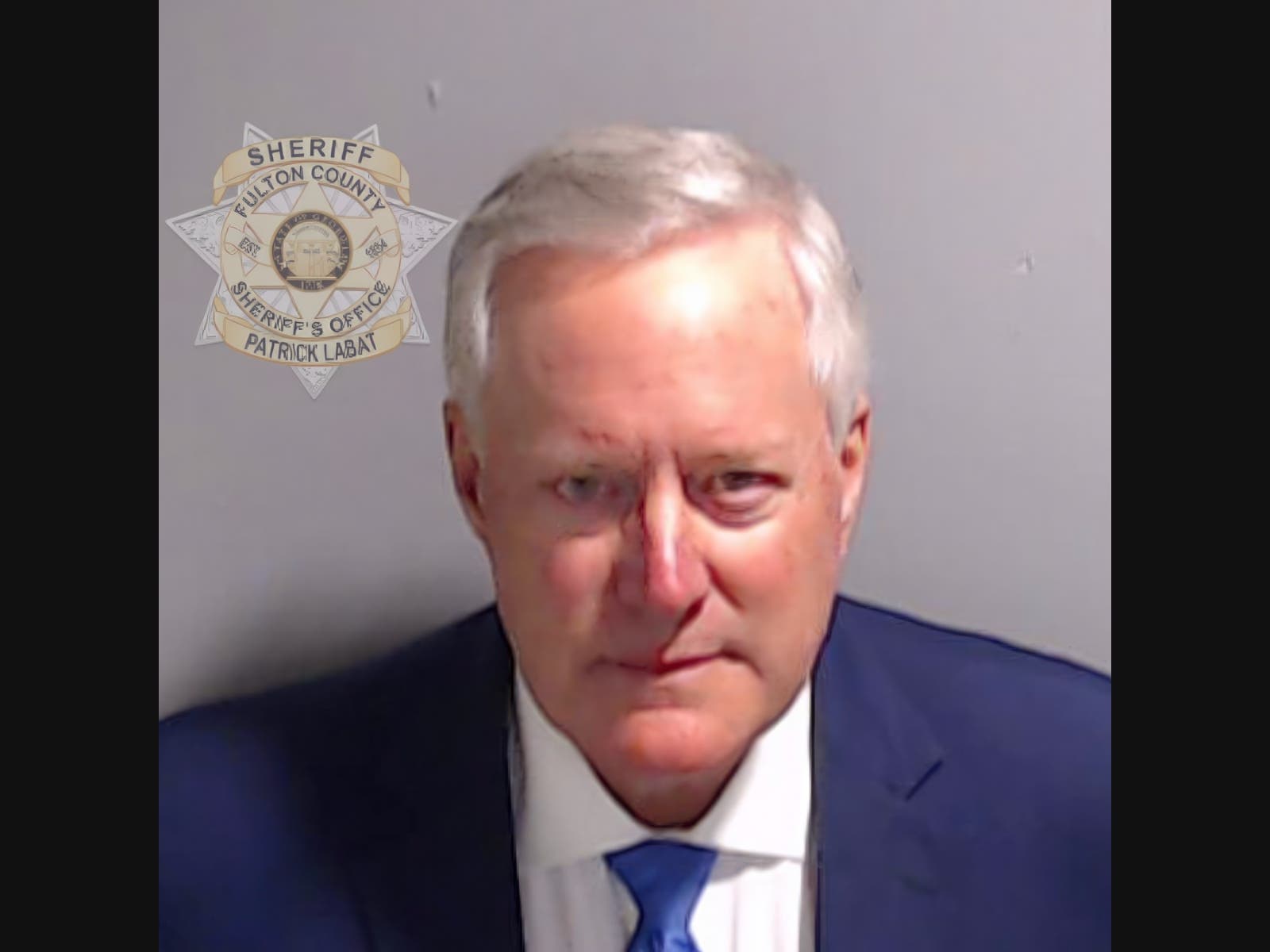 This booking photo provided by the Fulton County Sheriff's Office shows Mark Meadows on Thursday, Aug. 24, 2023, in Atlanta, after he surrendered and was booked. 