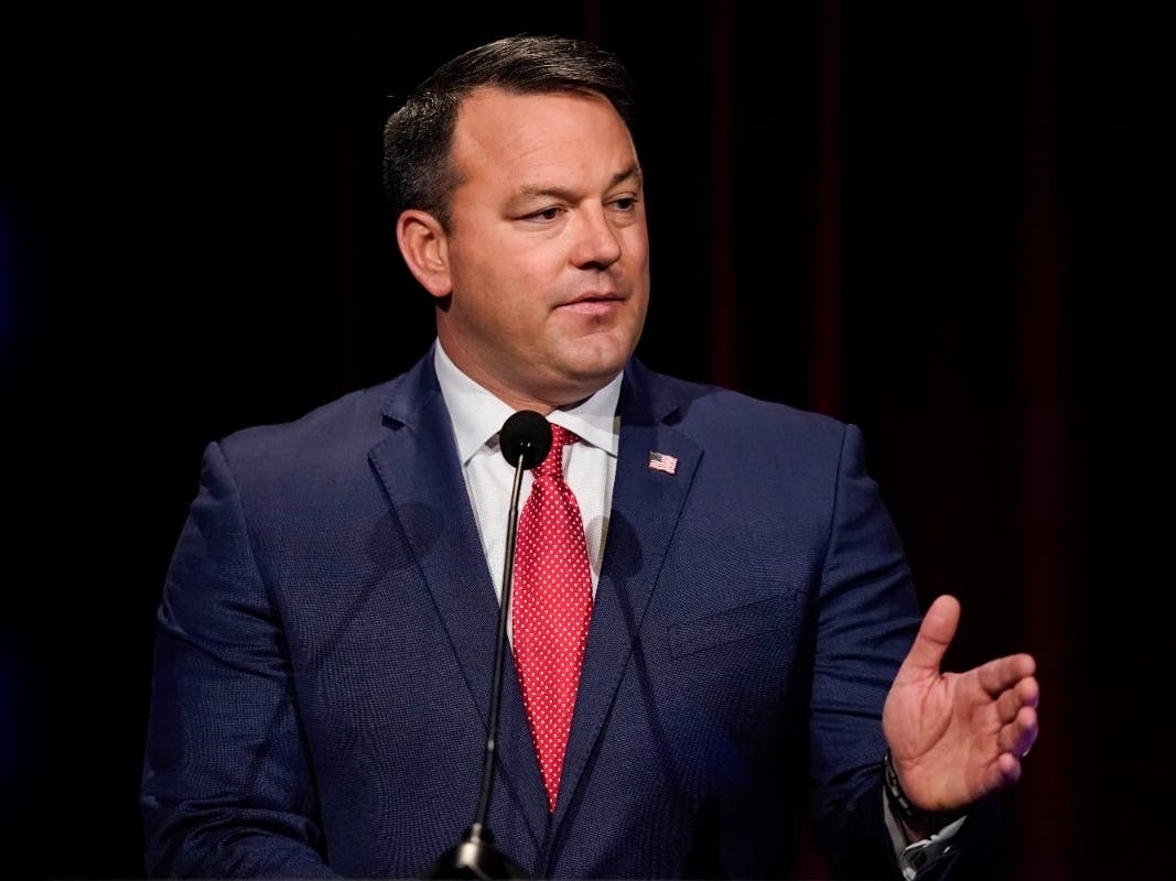 Burt Jones, candidate for Georgia lieutenant governor, participates in a Republican primary debate, Tuesday, May 3, 2022, in Atlanta.