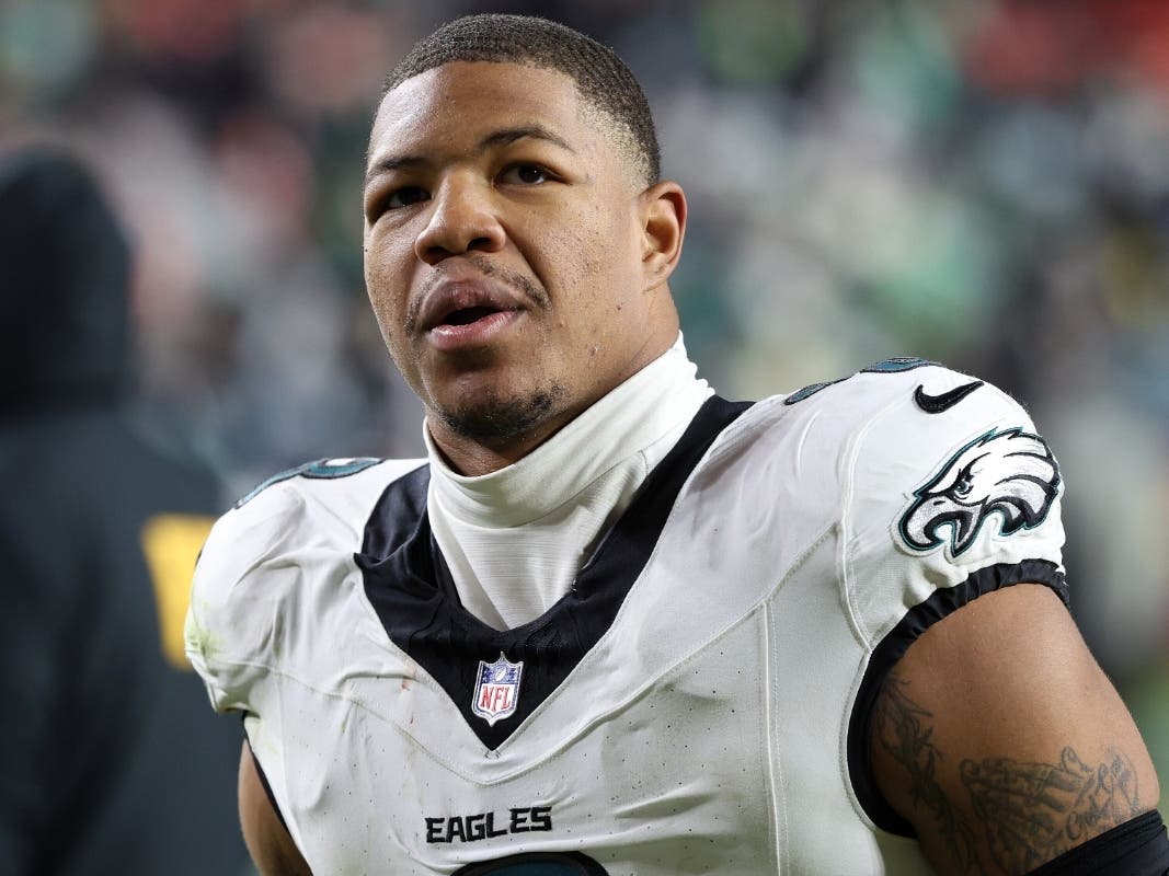 FILE - Philadelphia Eagles linebacker Nolan Smith Jr. (3) looks on after an NFL football game against the Washington Commanders, Saturday, Dec. 20, 2025, in Landover, Md.