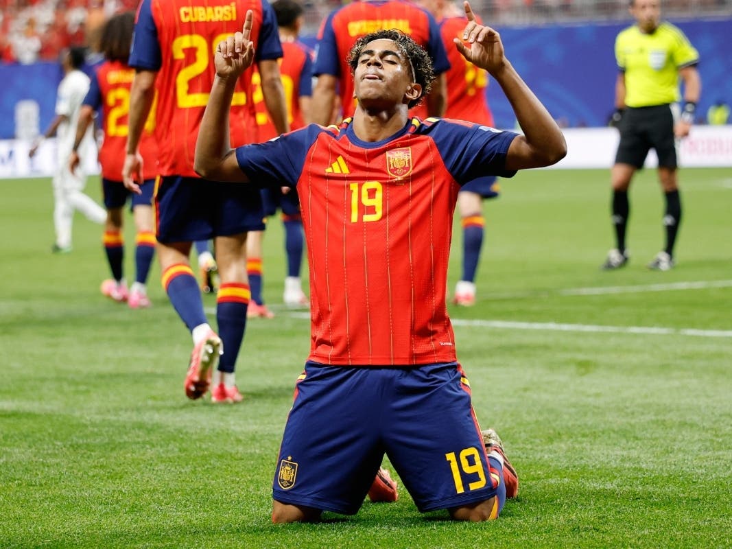 Spain's Lamine Yamal celebrates after scoring his side's opening goal during the World Cup Group H soccer match between Spain and Saudi Arabia in Atlanta, Sunday, June 21, 2026.