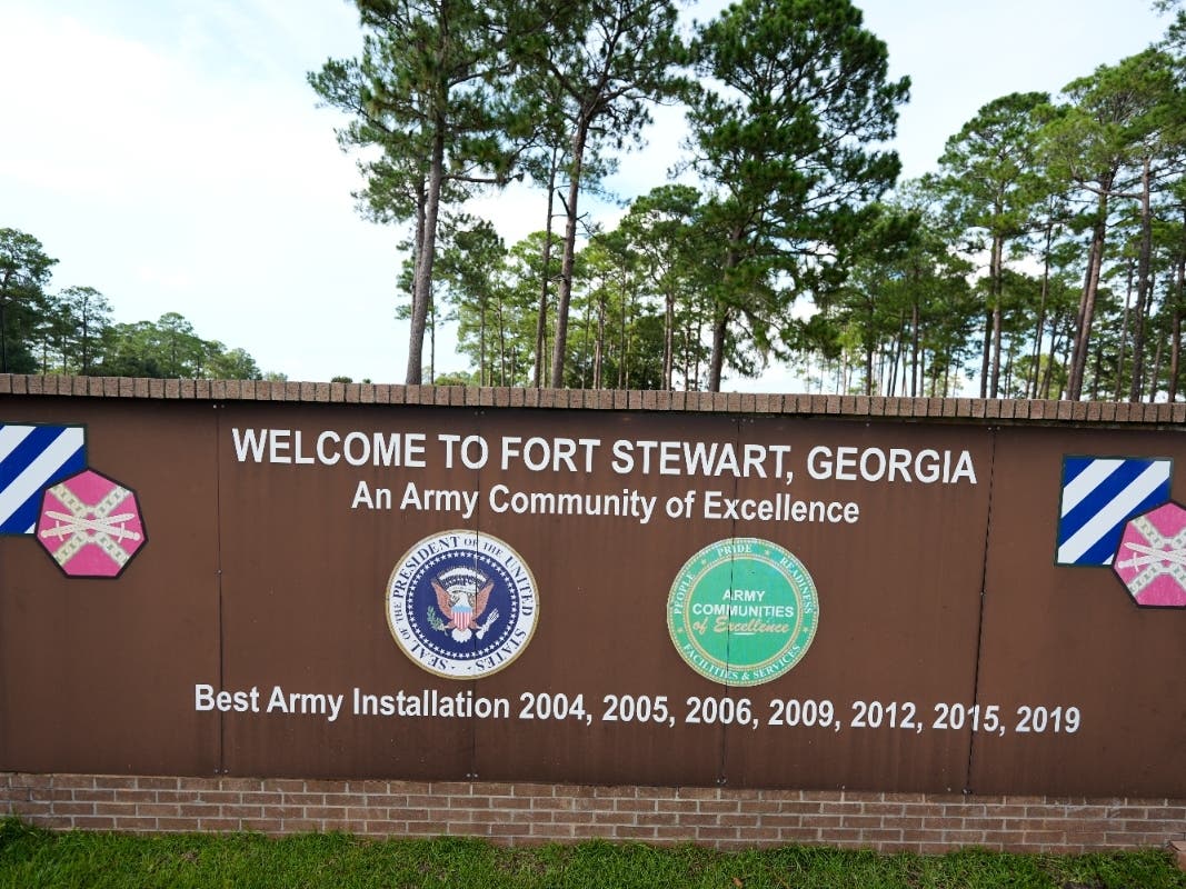 A sign welcoming people to Fort Stewart in Georgia is seen on Wednesday, Aug. 6, 2025.