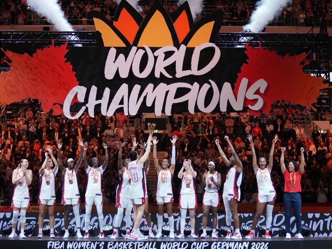 United States team stands on the podium after winning the Women's Basketball World Cup final match between the United States and France in Berlin, Sunday, Sept. 13, 2026.