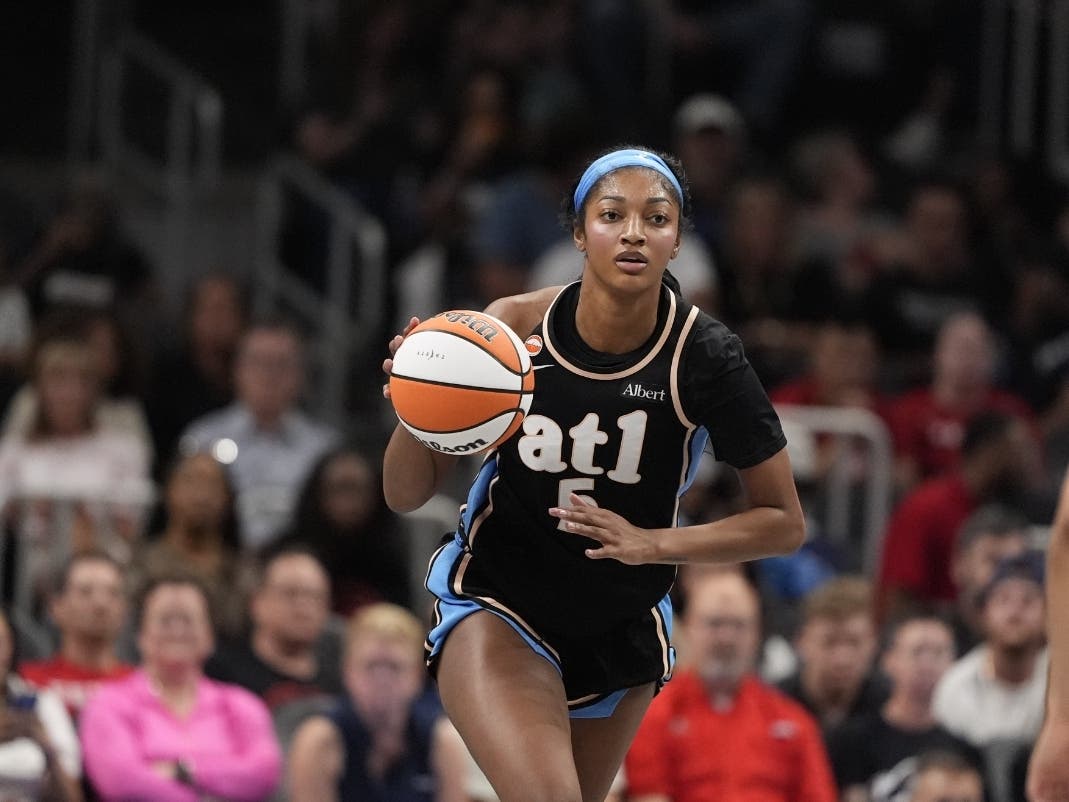 Atlanta Dream forward Angel Reese (5) in the first half of an WNBA basketball game against the Sunday, Aug. 16, 2026, in Atlanta.