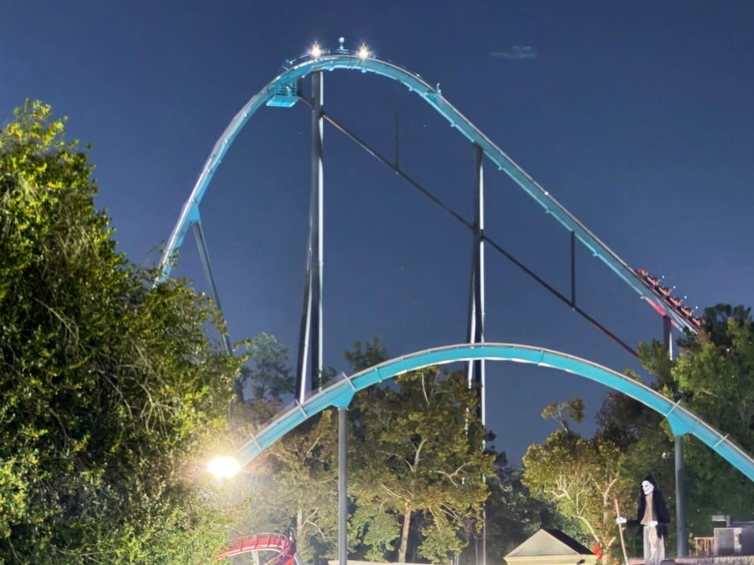 A roller coaster is shown at Six Flags over Georgia on Monday, Oct. 12, 2026, about 15 miles (24 kilometers) northwest of Atlanta.