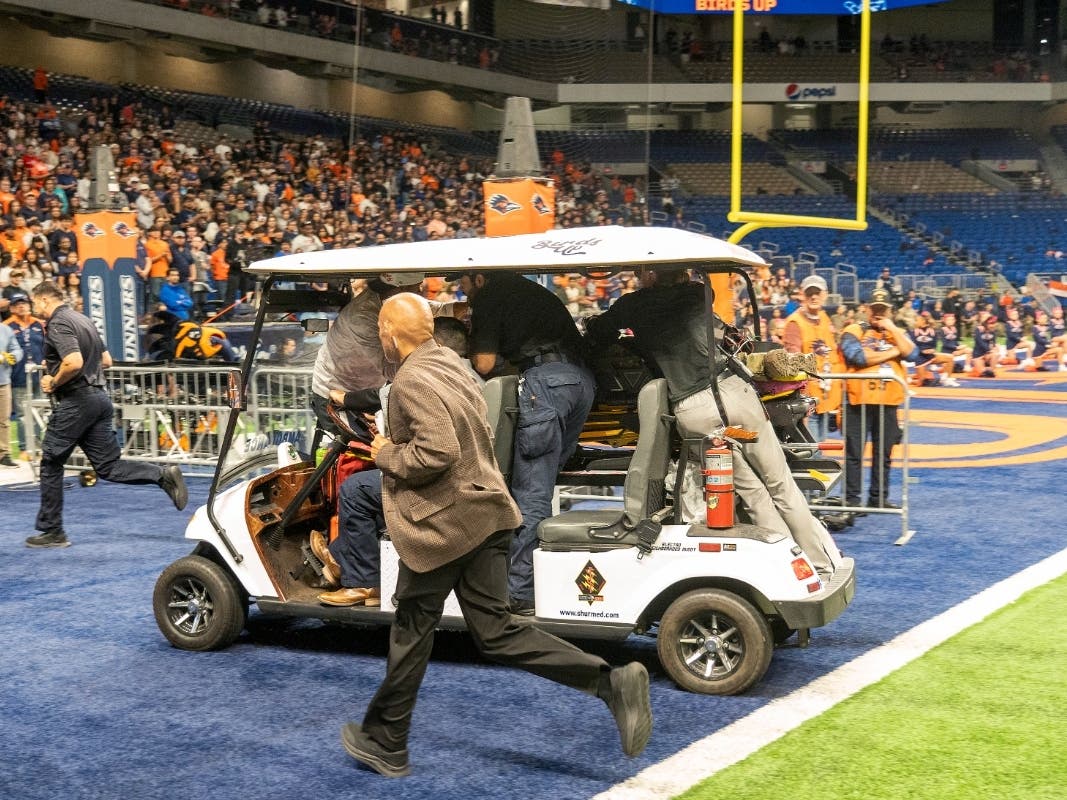 Emergency responders react to an accident before UTSA’s annual Salute to Armed Forces and Veterans football game at the Alamodome, Saturday, Oct. 17, 2026 in San Antonio, Texas. 