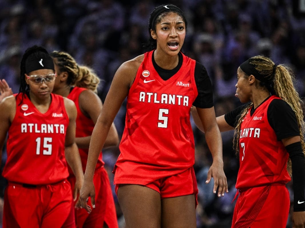 Atlanta Dream forward Angel Reese (5) reacts during the first half of Game 2 of the WNBA basketball finals against the Golden State Valkyries, Monday, Oct. 19, 2026, in San Francisco.